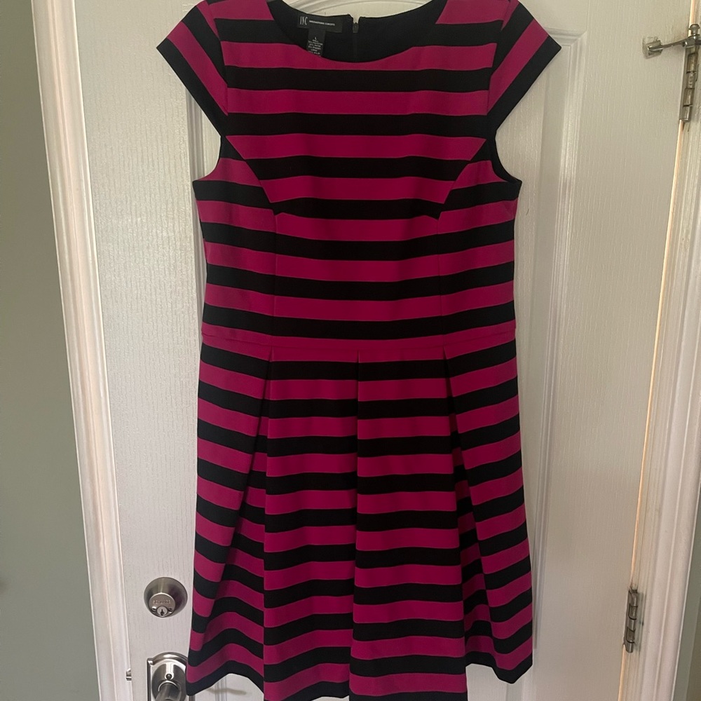 INC Pink and Black Striped Dress (new) Size L knee length capped sleeves